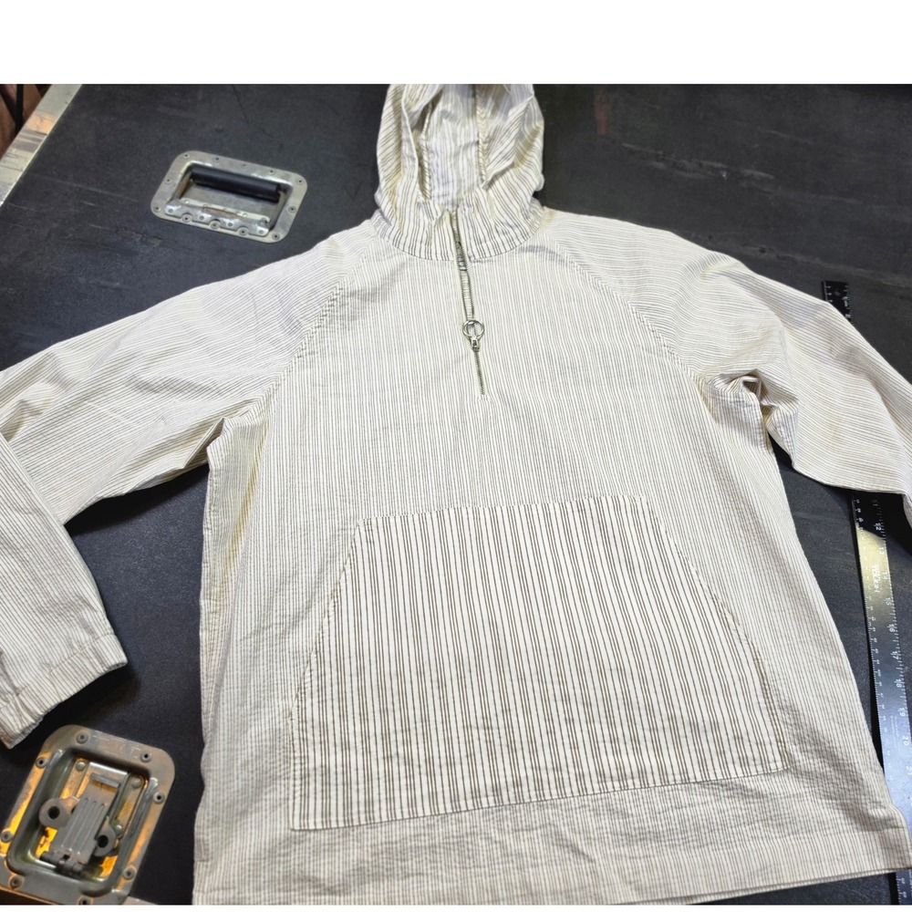 Zara Men Relaxed Fit Striped Seersucker Quarter Zip Hoodie Brown White Large